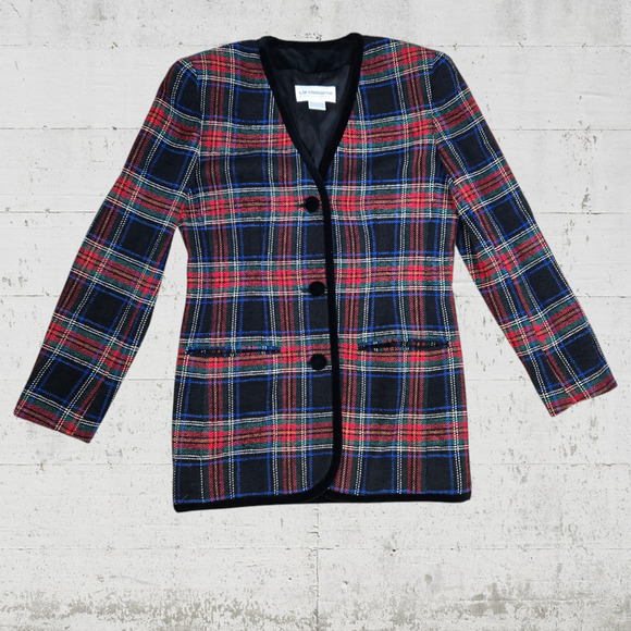 90s Vintage Black Red Stewart Tartan Plaid Velvet Trim V Neck Blazer Size 4 - Picture 1 of 10